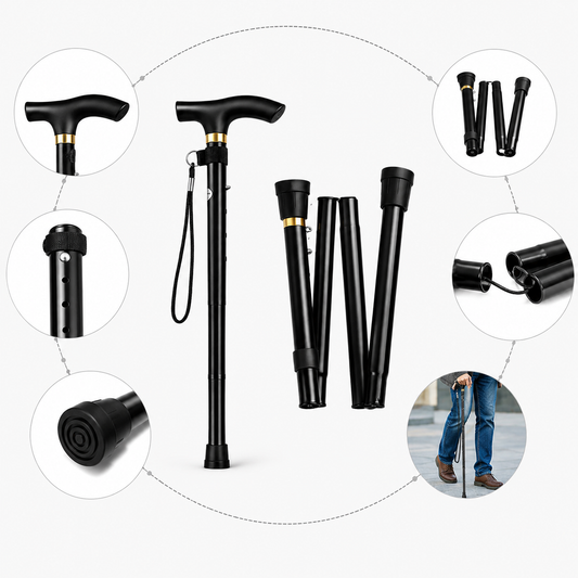 Black Adjustable Folding Collapsible Walking Stick - Walking Cane / Pole for Men & Women