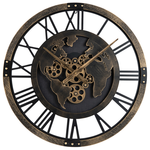 Brown Gear Wall Clock with World Map, 27" Large Non-Ticking Quartz