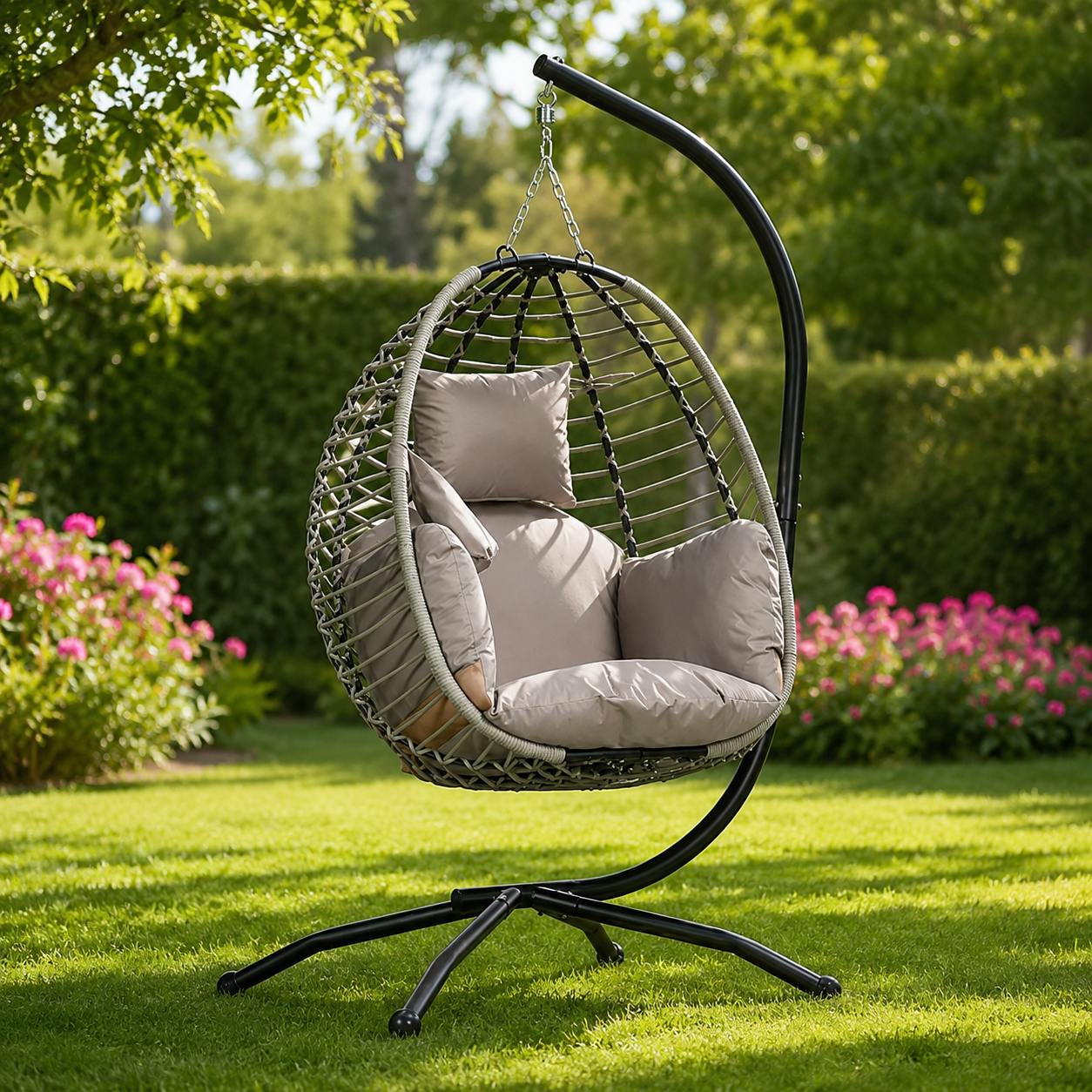 Outdoor patio Garden Rattan Hanging Egg Chair W/ Stand Cushion - Basket Swing Chair