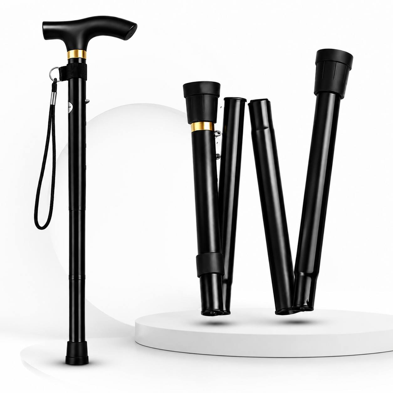 Black Adjustable Folding Collapsible Walking Stick - Walking Cane / Pole for Men & Women