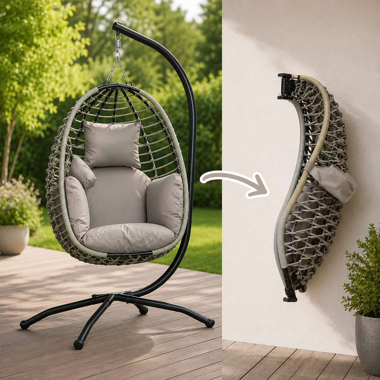 Outdoor patio Garden Rattan Hanging Egg Chair W/ Stand Cushion - Basket Swing Chair