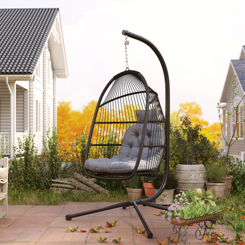 Outdoor/Indoor Patio Garden Hanging Egg Chair With Cushion/Stand - Basket Swing Chair