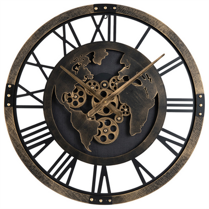 Brown Gear Wall Clock with World Map, 27" Large Non-Ticking Quartz
