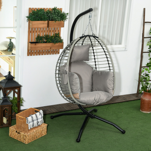 Outdoor patio Garden Rattan Hanging Egg Chair W/ Stand Cushion - Basket Swing Chair